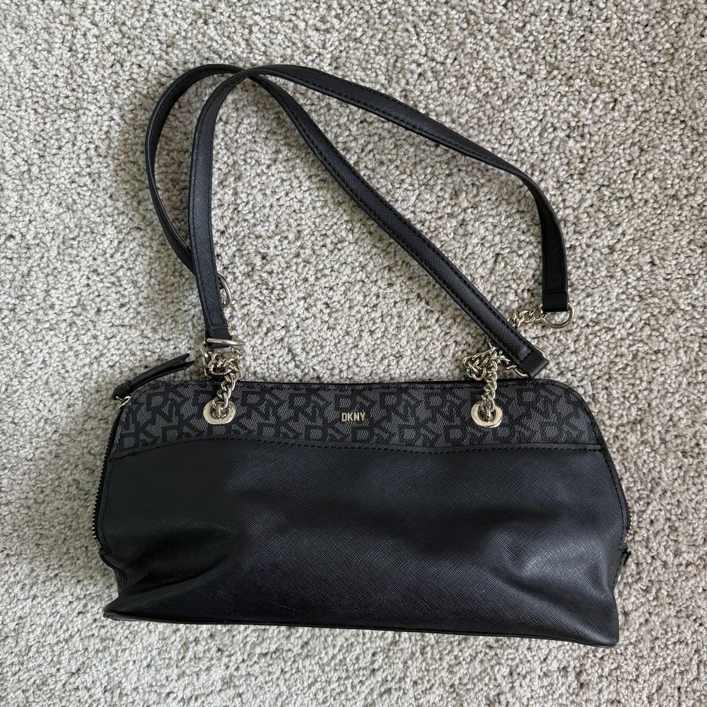 DKNY Shoulder Bag Womens Medium Black Leather Canvas Logo Chain Strap Zip Purse